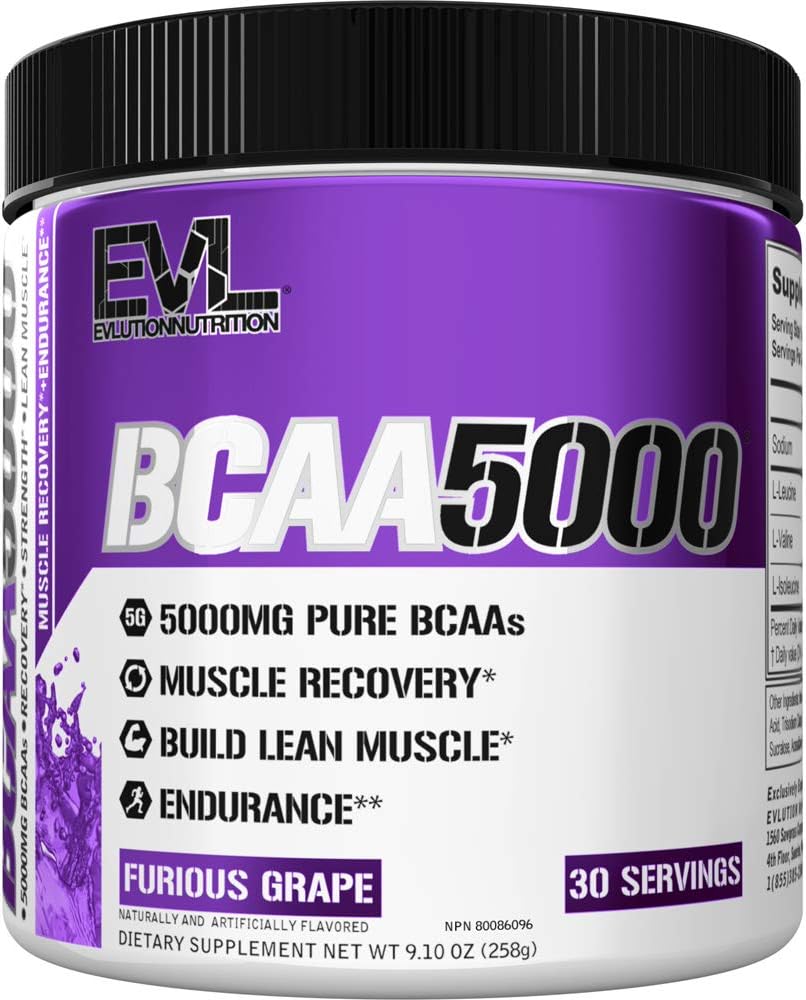 Evlution EVL BCAA Amino Acids Powder | Post Workout Recovery Drink | Furious Grape | 5000mg pure BCAA's, 9.1 oz