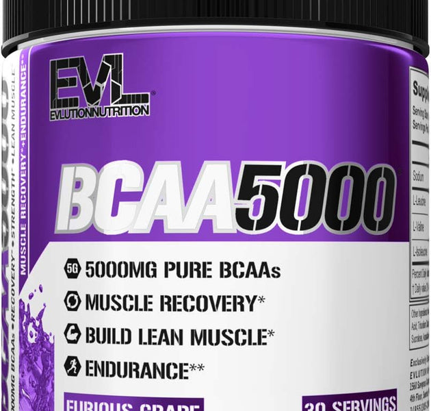 Evlution EVL BCAA Amino Acids Powder | Post Workout Recovery Drink | Furious Grape | 5000mg pure BCAA's, 9.1 oz