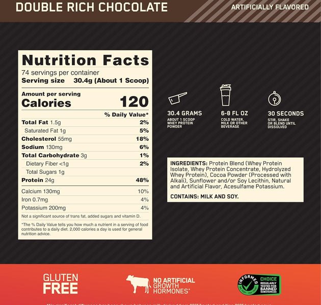 Optimum Nutrition Gold Standard 100% Whey Protein Powder | Double Rich Chocolate | 5 lbs, 74 servings