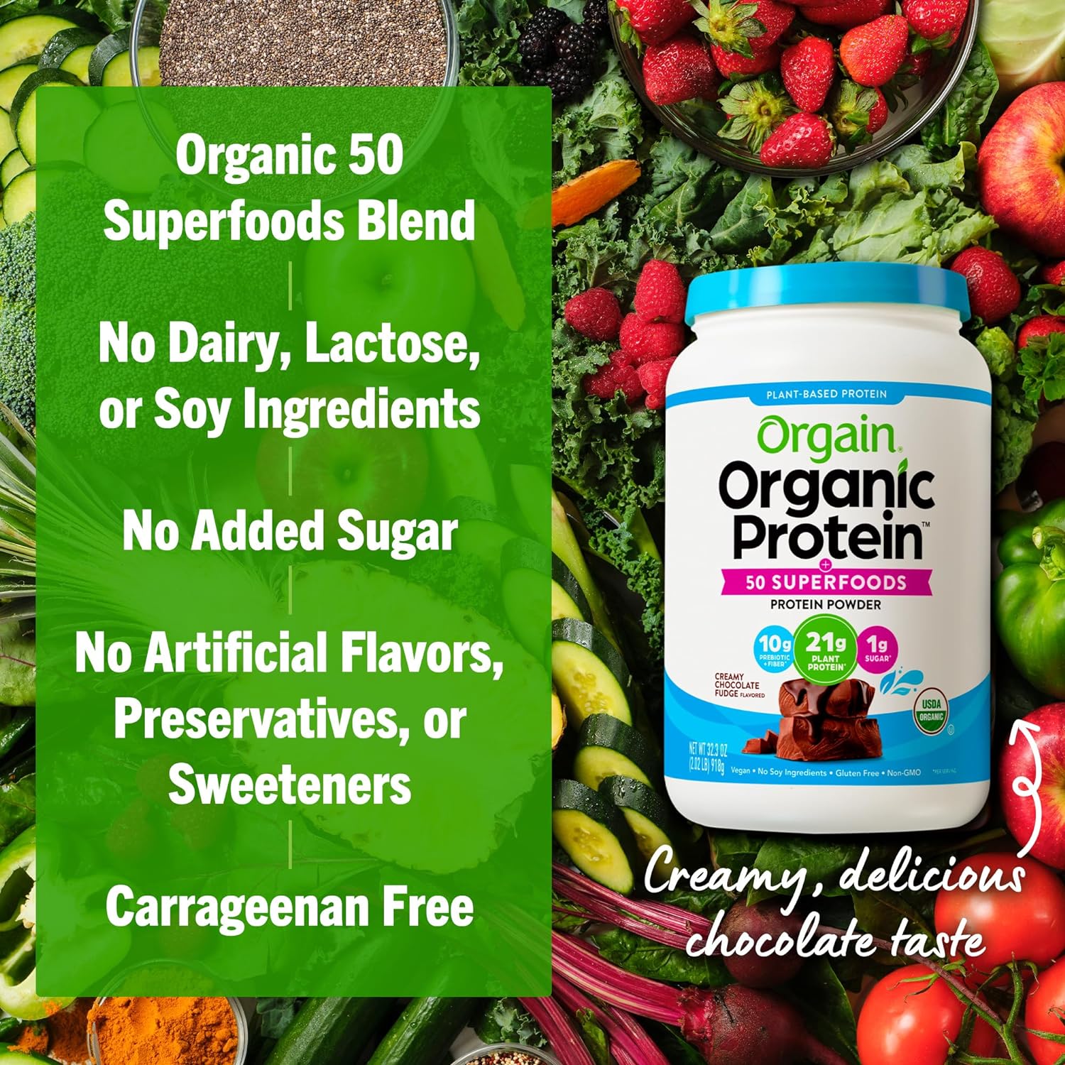 Orgain Organic Protein Powder | Vegan Plant-Based Superfood Powder | Gluten, Dairy, and Soy Free | 21g of protein, 6g fiber, 2.02lbs