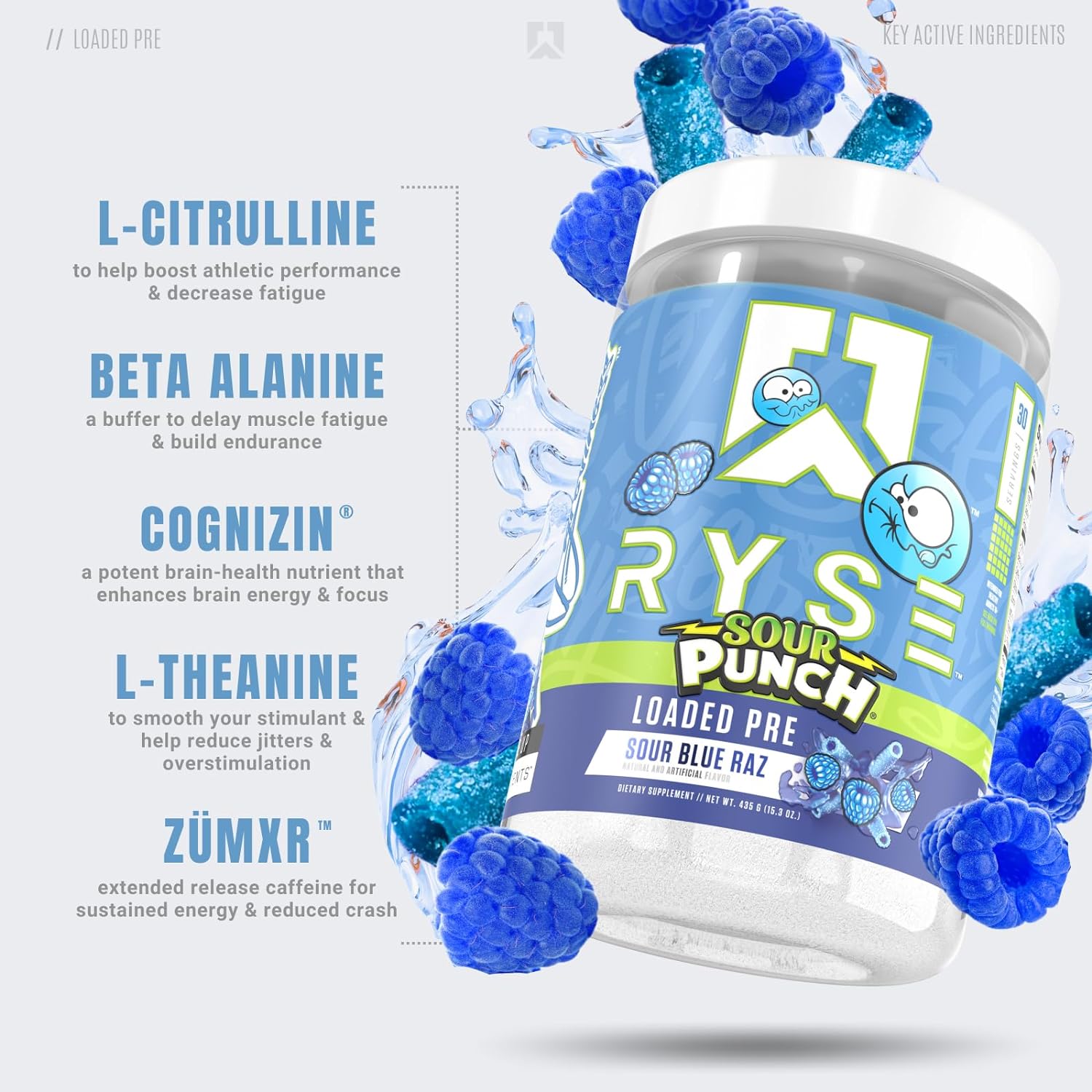 Ryse Sour Blue Raz Loaded Preworkout | 30 servings